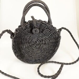 Round Woven Straw Crossbody Bag Womens Black Beach Shoulder Sling ELIZA MAY ROSE